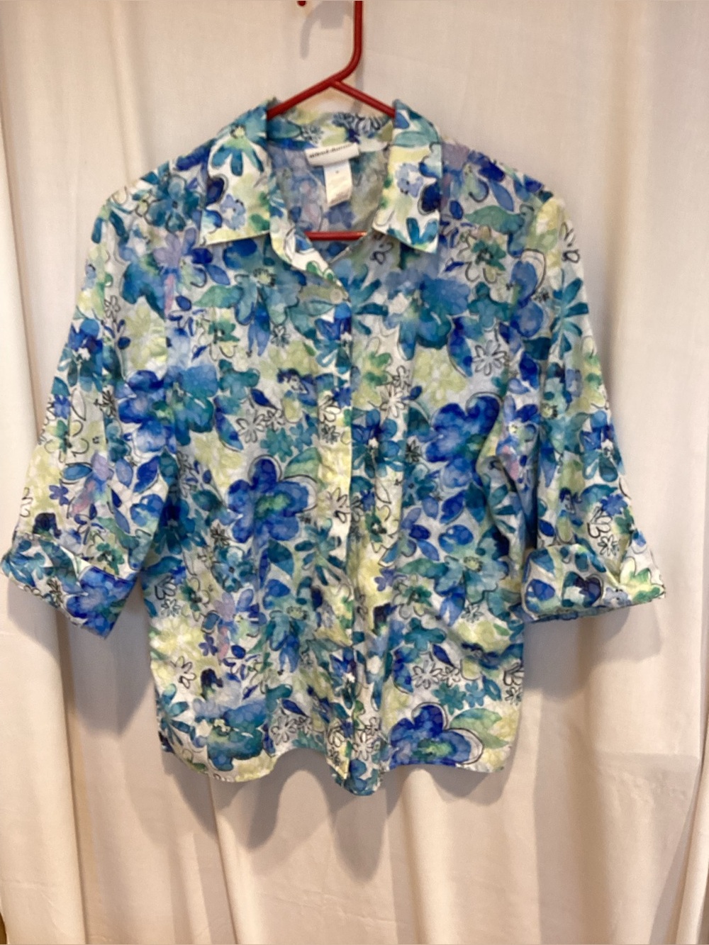 Alfred Dunner Blue, Green & White Floral Button-Up Blouse